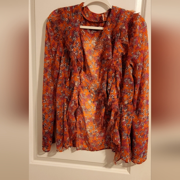 New Free People Floral Ruffle Blouse - Pink and Orange - Picture 9 of 12